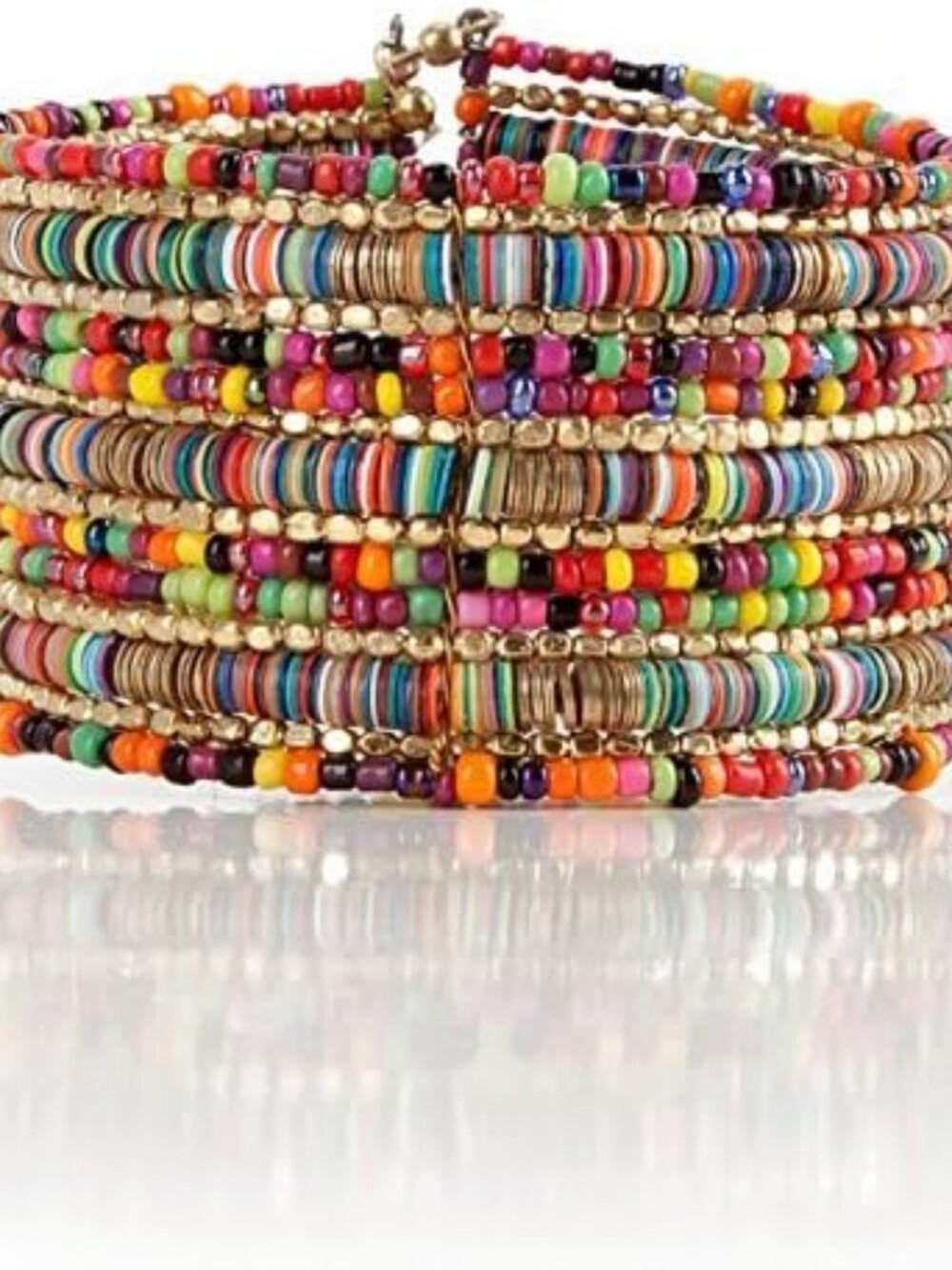 Boho Cuff Bracelet with Colorful Glass Seed Beads, Gold Accents and Heishi Beads